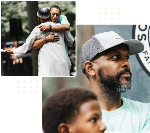 Two images showing volunteering moments; one where a volunteer is hugging a community member that came to an event and the other of a volunteer focusing during a meeting