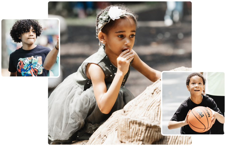 A collage of images of children playing; one standing and listening, a little girl climbing, and a young boy playing basketball