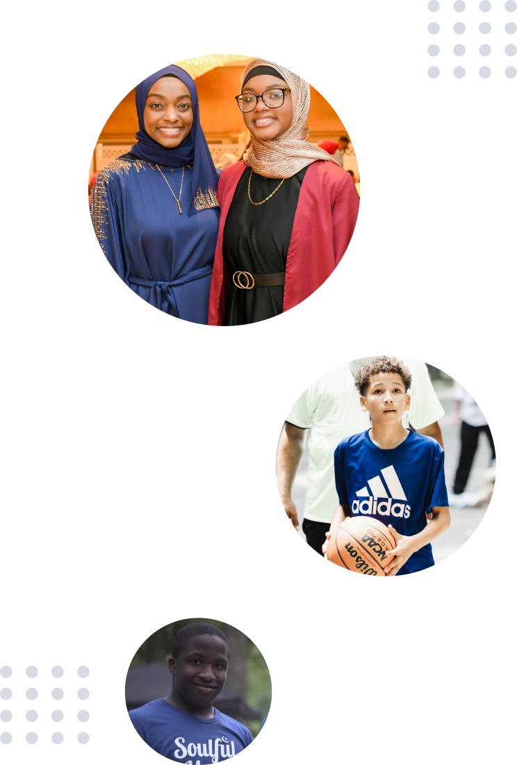 Three images of various moments within the Soulful Muslims community events; two girls at the school fundraiser, a young boy playing basketball, and a young volunteer