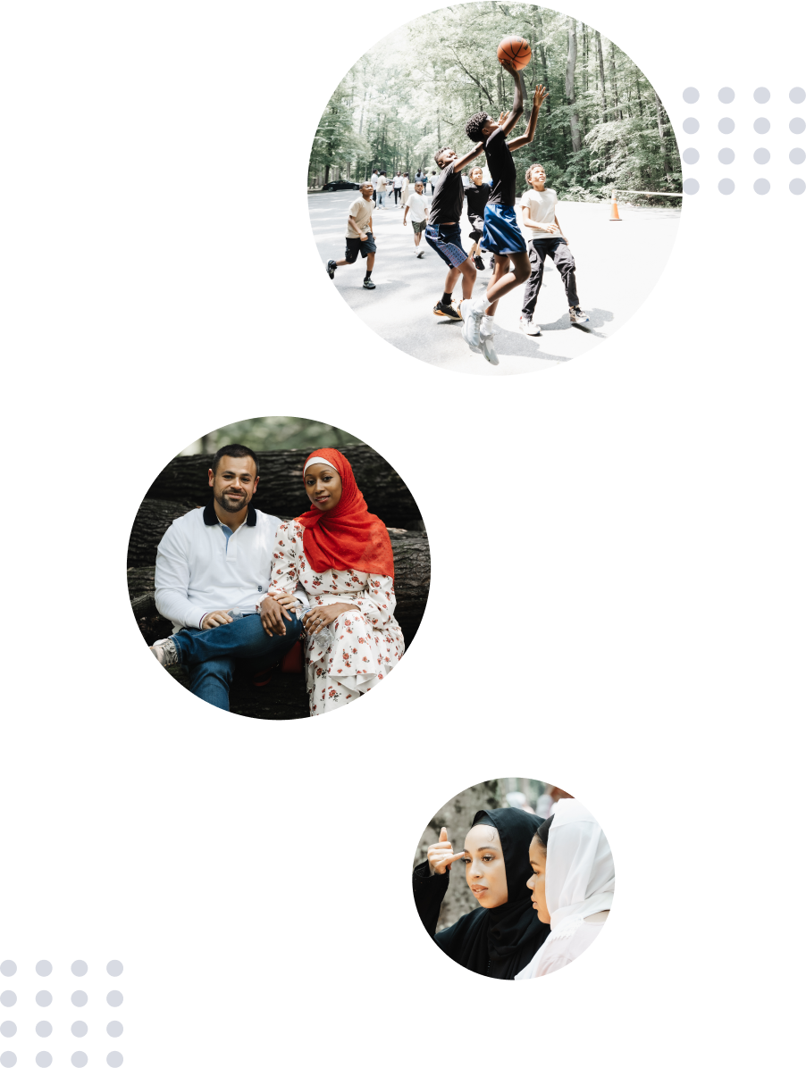 Three images of various moments within the Soulful Muslims community events; basketball, a couple sitting together and two girls talking