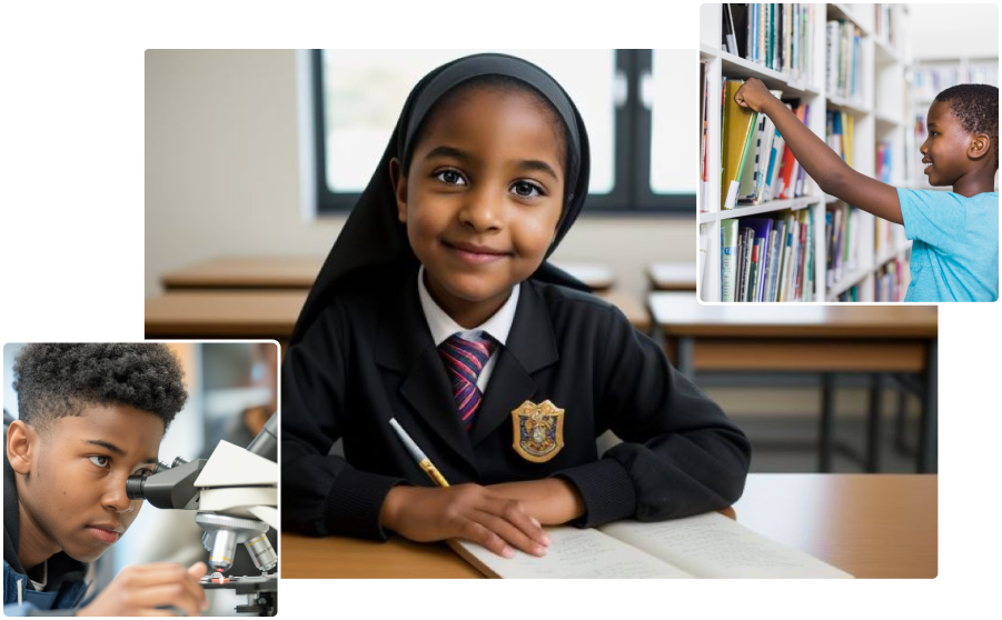 The vision of Soulful Muslims' School Project; a young muslim girl in a uniform, a young muslim boy sorting through library books and an image of an older boy using a microscope