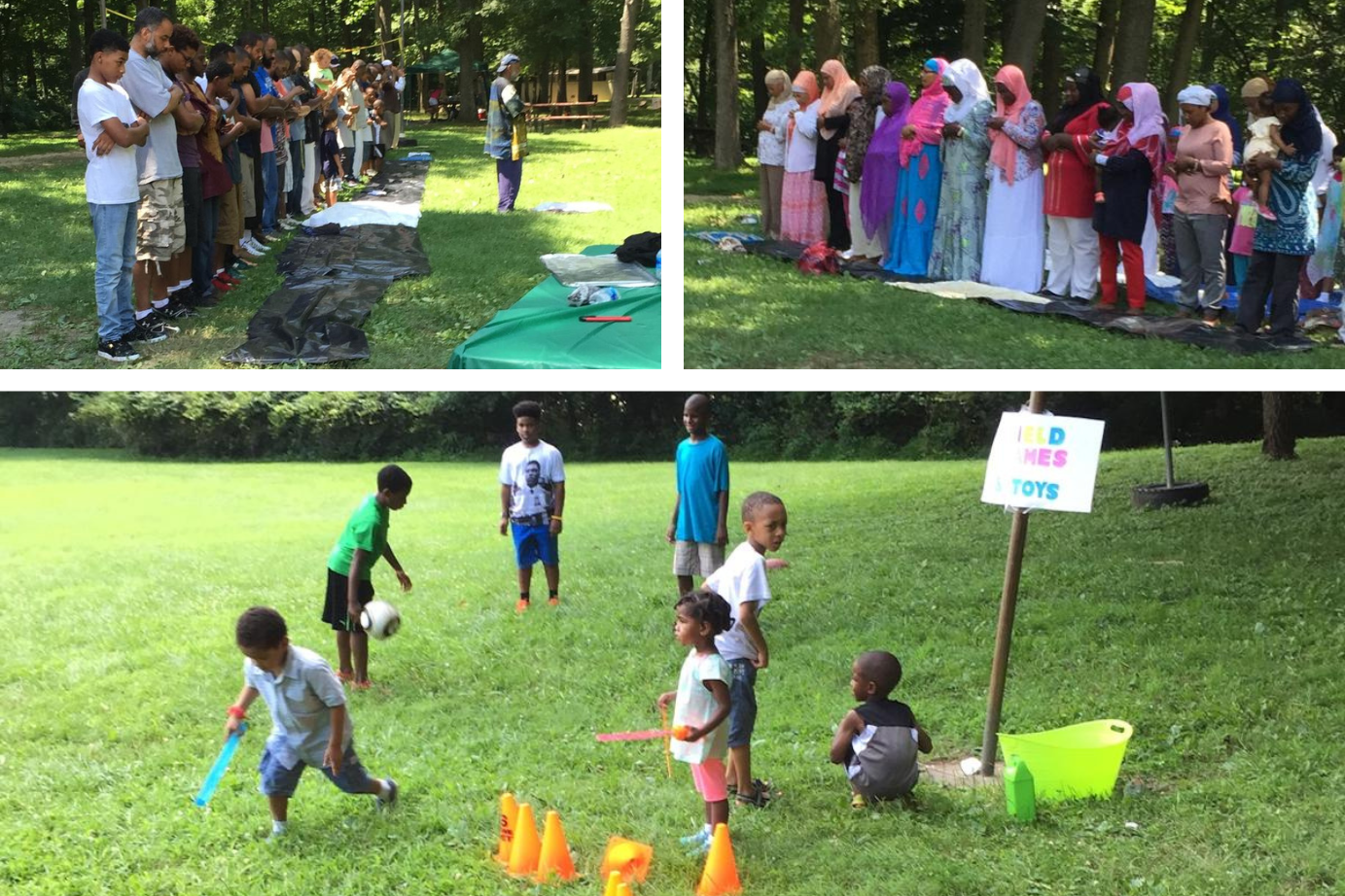 Collage of images of Soulful Eid 2015 with men and women praying and children playing