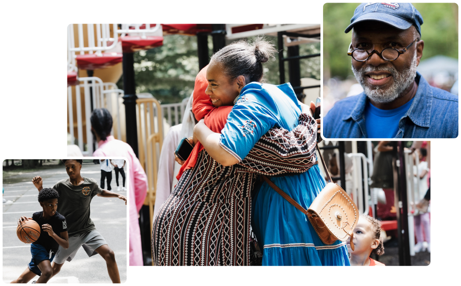 Three images showing various moments of sharing communal time; One with two boys playing basketball, one with two women hugging while seeing one another at an event, and the last with an older man smiling at the camera