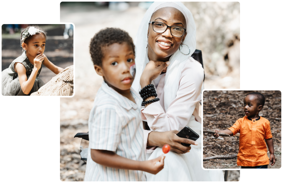 Three images, one with a mother and her child and the other two are children playing at a park